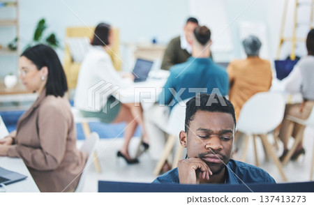 Man, reading and thinking on computer in office with employees, staff and workplace with business people working. Confused, businessman and report on company productivity or learning tech information Man, reading and thinking on computer in office with employees, staff and workplace with business people working. Confused, businessman and report on company productivity or learning tech information 137413273