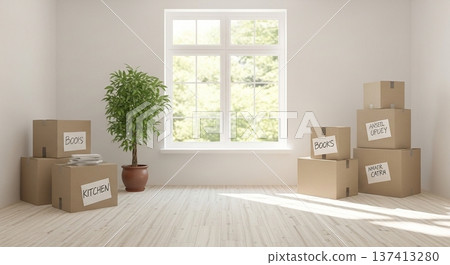 A bright living space with cardboard boxes and a sofa right after moving in 137413280