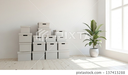 A bright living space with cardboard boxes and a sofa right after moving in 137413288