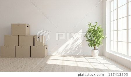 A bright living space with cardboard boxes and a sofa right after moving in A bright living space with cardboard boxes and a sofa right after moving in 137413293