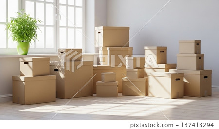 A bright living space with cardboard boxes and a sofa right after moving in 137413294