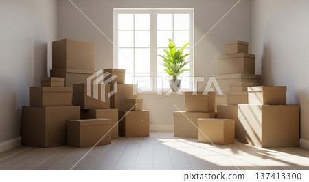 A bright living space with cardboard boxes and a sofa right after moving in 137413300