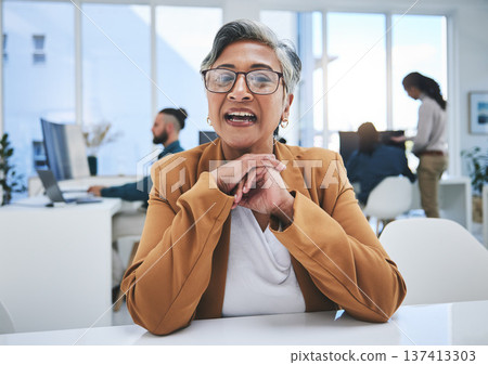 Portrait, business woman and video call in office, online meeting or conference in communication. Face, smile and mature manager on webinar, virtual chat or seminar of corporate consultant in glasses 137413303