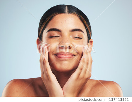 Skincare, wellness and hand on face of woman in studio for cosmetology, cleaning and results on grey background. Happy, beauty and female model with cosmetic, treatment and self love satisfaction Skincare, wellness and hand on face of woman in studio for cosmetology, cleaning and results on grey background. Happy, beauty and female model with cosmetic, treatment and self love satisfaction 137413331