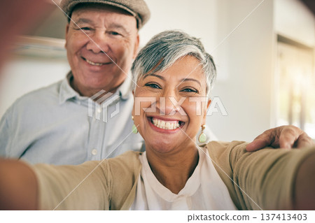 Senior couple, face and selfie in home for love, smile and relax to bond in retirement together. Portrait of happy woman, elderly man and profile picture for social media post, photography and memory 137413403
