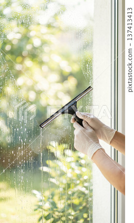 Person cleans window with squeegee in bright setting. Sunlight shines through, revealing green scenery outside. Concept of home cleaning, window care, residential services. 137413413