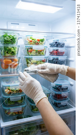 Hands in gloves clean and organize food containers in a fridge. Clear shelves hold salads, berries, and vegetables. Concept of meal prep, healthy eating, food storage solutions. 137413418