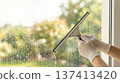 Person cleans window with squeegee in bright light at home. Clear view of outdoor greenery visible through glass. Concept of home maintenance, cleaning services, and window care. 137413420