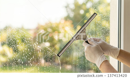 Person cleans window with squeegee in bright light at home. Clear view of outdoor greenery visible through glass. Concept of home maintenance, cleaning services, and window care. Person cleans window with squeegee in bright light at home. Clear view of outdoor greenery visible through glass. Concept of home maintenance, cleaning services, and window care. 137413420