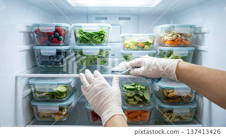 Hand wearing glove arranges clear containers filled with colorful vegetables and fruits in refrigerator. Clean kitchen setting, organized space. Concept of meal prep, health food, cooking. 137413426