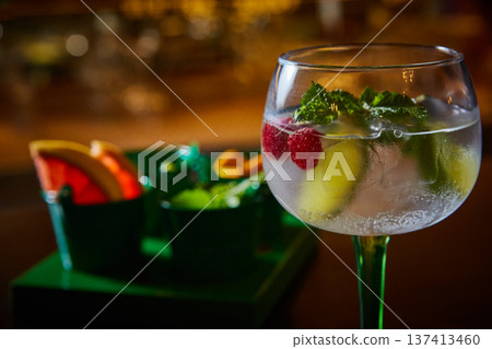 Cocktail experience featuring chilled gin and tonic with raspberries, mint, and lime Cocktail experience featuring chilled gin and tonic with raspberries, mint, and lime 137413460