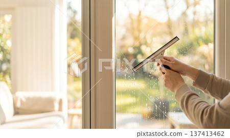 Person uses squeegee to clean glass window in living room with a view of greenery outside. Clear sunlight shines in through window. Concept of cleaning, home improvement, interior design. Person uses squeegee to clean glass window in living room with a view of greenery outside. Clear sunlight shines in through window. Concept of cleaning, home improvement, interior design. 137413462