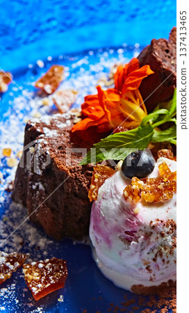 Gourmet chocolate cake served with berry-swirl ice cream and edible flowers 137413465
