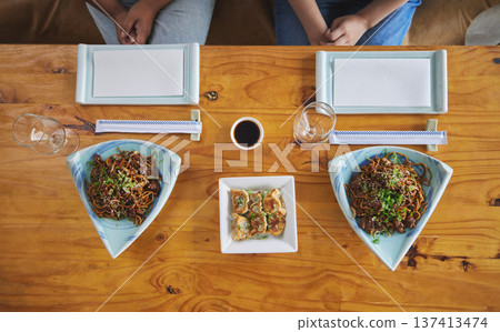 Chinese food, sushi and noodles on a table in a restaurant from above during a date in an asian eatery. Seafood, cuisine in a bowl and a traditional dish for hunger, nutrition or diet closeup Chinese food, sushi and noodles on a table in a restaurant from above during a date in an asian eatery. Seafood, cuisine in a bowl and a traditional dish for hunger, nutrition or diet closeup 137413474