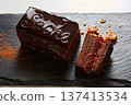 Vibrant sliced Sachertorte cake with rich chocolate ganache and apricot layers 137413534