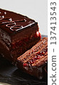 Vibrant sliced Sachertorte cake with rich chocolate ganache and apricot layers 137413543