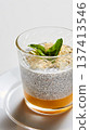 Artisanal breakfast parfait featuring layered chia seed pudding, mango puree 137413546
