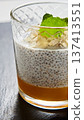 Artisanal breakfast parfait featuring layered chia seed pudding, mango puree 137413551