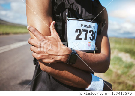Arm injury, marathon runner and person massage bruise problem, muscle ache or sore anatomy risk from exercise challenge. Joint pain, closeup and athlete hurt from running accident, training or cardio Arm injury, marathon runner and person massage bruise problem, muscle ache or sore anatomy risk from exercise challenge. Joint pain, closeup and athlete hurt from running accident, training or cardio 137413579