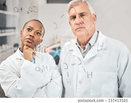 Science, solution and thinking with people in laboratory for research, teamwork and brainstorming. Chemistry, medical and pharmacy with man and woman for physics data, medicine and biotechnology 137413585