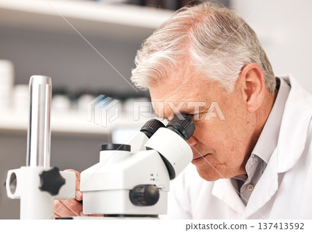 Scientist, man and microscope in laboratory research, DNA analysis and pharmaceutical development or medical study. Professional science or senior person in biotechnology and lens check for particles Scientist, man and microscope in laboratory research, DNA analysis and pharmaceutical development or medical study. Professional science or senior person in biotechnology and lens check for particles 137413592