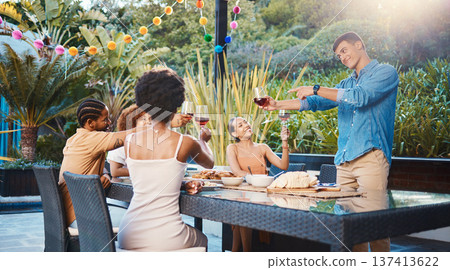 Cheers, celebrate, and friends at dinner in garden at party and diversity, food and wine at outdoor event. Glass toast, men and women at table, fun people with sunset drinks in backyard together. Cheers, celebrate, and friends at dinner in garden at party and diversity, food and wine at outdoor event. Glass toast, men and women at table, fun people with sunset drinks in backyard together. 137413622