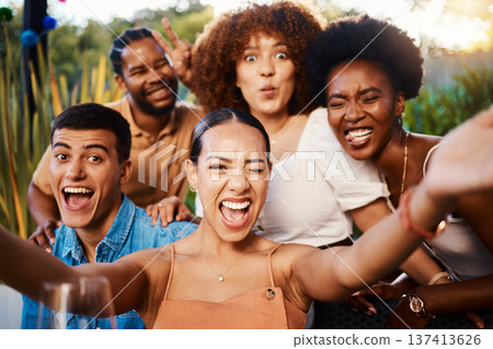 Portrait, funny and selfie of friends at restaurant, bonding and happy memory together. Face smile, group and profile picture at cafe with wink, peace sign and tongue out for laughing on social media 137413626