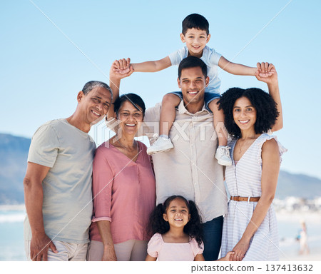 Beach, big family and portrait together with smile, love and generations embrace on summer holiday in Mexico. Happy parents, grandparents and children on ocean holiday travel in nature with blue sky. Beach, big family and portrait together with smile, love and generations embrace on summer holiday in Mexico. Happy parents, grandparents and children on ocean holiday travel in nature with blue sky. 137413632