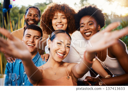 Portrait, happy and selfie of friends at cafe, bonding and fun memory at sunset. Face smile, group and profile picture at restaurant, influencer and photography at party celebration on social media Portrait, happy and selfie of friends at cafe, bonding and fun memory at sunset. Face smile, group and profile picture at restaurant, influencer and photography at party celebration on social media 137413633