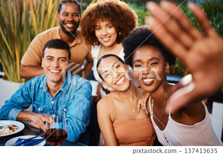 Smile, portrait and selfie of friends at restaurant, bonding and happy memory together. Face, group and profile picture at cafe in celebration of party, fine dining and eating food on social media Smile, portrait and selfie of friends at restaurant, bonding and happy memory together. Face, group and profile picture at cafe in celebration of party, fine dining and eating food on social media 137413635