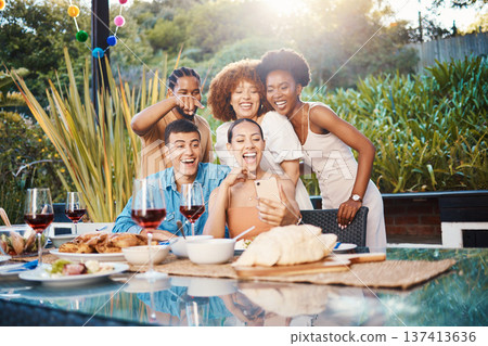 Selfie, group of friends at dinner in garden and happy event with diversity, food and wine at outdoor party. Photography, men and women at table, fun people with drinks in backyard at sunset together Selfie, group of friends at dinner in garden and happy event with diversity, food and wine at outdoor party. Photography, men and women at table, fun people with drinks in backyard at sunset together 137413636