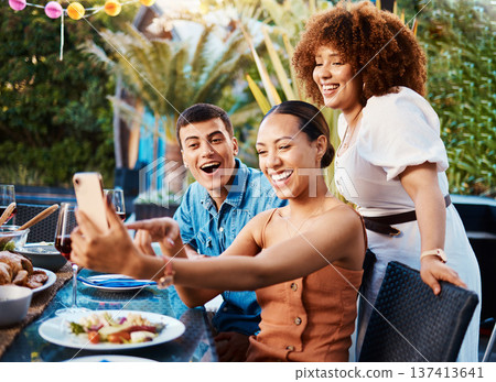 Friends, food and selfie at brunch table for holiday, Christmas or thanksgiving on social media and wow or excited. Young women, man and group photography with influencer profile picture outdoor 137413641