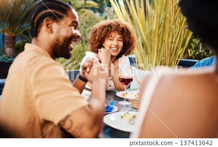 Talking, lunch and friends with food, smile and funny with conversation, party and celebration. Happy people, men and women with a meal, event and happiness with humor, discussion and weekend break 137413642