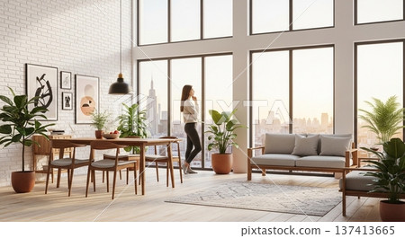 一幅展現新生活的畫面：一位女性在擺滿綠植的明亮客廳閱讀。 137413665