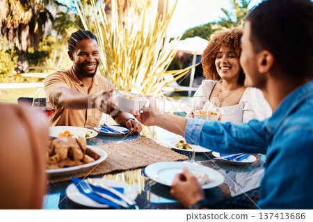 Friends sharing lunch, party in garden and happy event with diversity, food and wine bonding together. Outdoor dinner, men and women at table, group of people eating with drinks in backyard in summer Friends sharing lunch, party in garden and happy event with diversity, food and wine bonding together. Outdoor dinner, men and women at table, group of people eating with drinks in backyard in summer 137413686