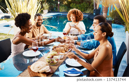 Friends, food table and eating outdoor for social gathering, happiness and holiday celebration. Diversity, men and women group at lunch, party or event with drinks in garden for fun and relax 137413744