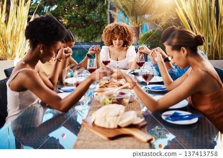 People, food and holding hands to pray outdoor at table for gratitude and holiday celebration. Group of people together at lunch, party or reunion with drinks in garden for thanks, prayer and grace People, food and holding hands to pray outdoor at table for gratitude and holiday celebration. Group of people together at lunch, party or reunion with drinks in garden for thanks, prayer and grace 137413758
