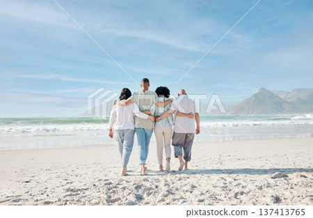 Back, mockup and a family walking on the beach together for summer vacation or holiday in nature. Love, freedom and travel with senior people, son or daughter outdoor for summer bonding by the ocean 137413765