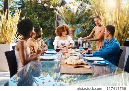 Happy, food and friends outdoor at a table for social gathering, happiness and holiday celebration. Diversity, men and women group at lunch, party or reunion with drinks in garden for fun and relax 137413766