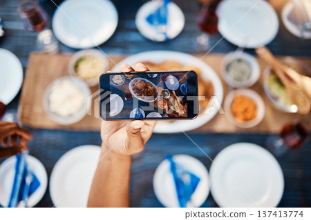 Phone photography, food and friends at a restaurant to relax on holiday vacation in summer together. Hands, social media post or influencer taking pictures or eating at table for lunch or brunch meal 137413774