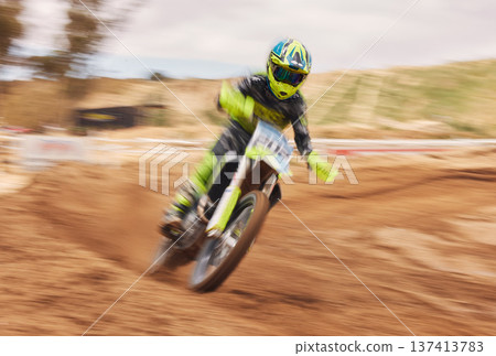 Dirt, motion blur and motorbike cycling for sports, agile driving and off road adventure for speed, power or performance. Motorcycle, rally and driver in fast race, challenge or action on sand course 137413783