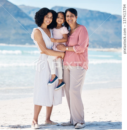 Beach, portrait and happy family hug in nature with freedom, fun and bonding at the ocean. Love, smile and girl child with mother, grandmother and embrace at sea for summer vacation, trip or holiday Beach, portrait and happy family hug in nature with freedom, fun and bonding at the ocean. Love, smile and girl child with mother, grandmother and embrace at sea for summer vacation, trip or holiday 137413794