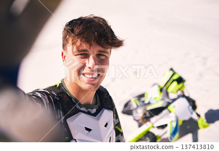 Sports, selfie and portrait of man with motorcycle for training, adventure and freedom in desert. Adrenaline, travel and person with motorbike take picture for social media, online post and update Sports, selfie and portrait of man with motorcycle for training, adventure and freedom in desert. Adrenaline, travel and person with motorbike take picture for social media, online post and update 137413810