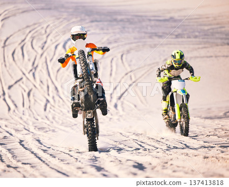 Dune, desert race and men on motorbike together for practice, training and extreme sports energy in nature. Professional dirt biking challenge, friends and danger with off road motorcycle competition 137413818