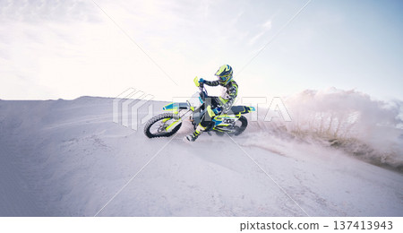 Motorcycle, sand and mockup with a sports man riding a vehicle in the desert for adventure or adrenaline. Bike, training and space with an athlete outdoor in nature for freedom, power or competition Motorcycle, sand and mockup with a sports man riding a vehicle in the desert for adventure or adrenaline. Bike, training and space with an athlete outdoor in nature for freedom, power or competition 137413943