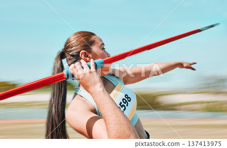 Woman, javelin and athlete in sports competition, practice or training in fitness on stadium field. Active female person or athletic competitor throwing spear, poll or stick in distance Woman, javelin and athlete in sports competition, practice or training in fitness on stadium field. Active female person or athletic competitor throwing spear, poll or stick in distance 137413975