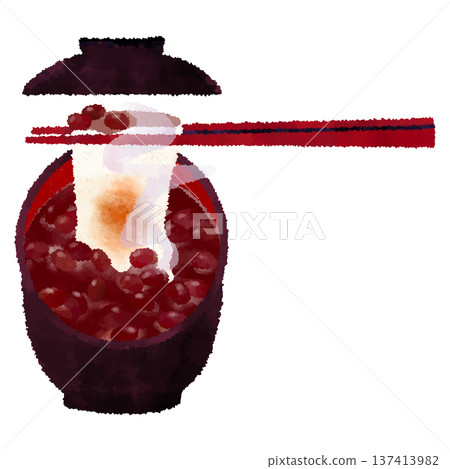 Steaming rice cake sweet soup with a stretchy texture_Black bowl with lid_Watercolor touch Steaming rice cake sweet soup with a stretchy texture_Black bowl with lid_Watercolor touch 137413982