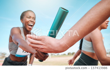 Woman, team and running with baton in relay, marathon or sports fitness on stadium track together. Group of athletes holding bar in competitive race, sprint or teamwork for cardio training or workout Woman, team and running with baton in relay, marathon or sports fitness on stadium track together. Group of athletes holding bar in competitive race, sprint or teamwork for cardio training or workout 137413986