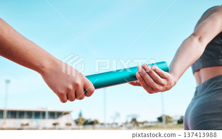 Person, team and hands with baton in relay, running marathon or sports fitness on stadium track. Closeup of people holding bar in competitive race, sprint or coordination in teamwork performance Person, team and hands with baton in relay, running marathon or sports fitness on stadium track. Closeup of people holding bar in competitive race, sprint or coordination in teamwork performance 137413988