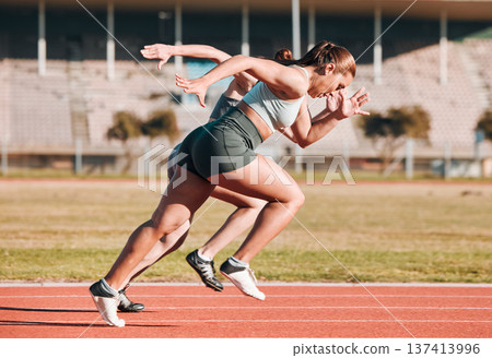 Fast, race and athletes running sprint in competition or fitness game and training for energy wellness on track. Sports, stadium and athletic people or runner exercise, speed and workout performance Fast, race and athletes running sprint in competition or fitness game and training for energy wellness on track. Sports, stadium and athletic people or runner exercise, speed and workout performance 137413996